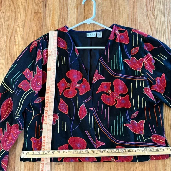 Chico's Black Lined Open Jacket with Vibrant Embroidery. Chicos Size 2 (M-L) - Picture 5 of 6